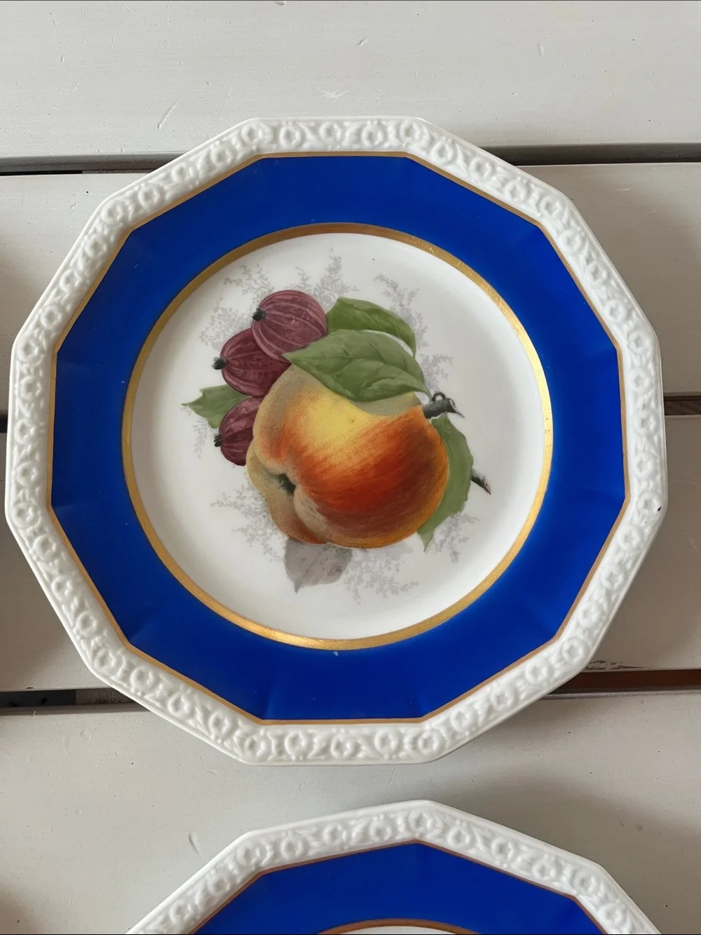 The Rosenthal Octagonal Fruit Motif Lunch Plates in Cobalt Blue and Gold Trim